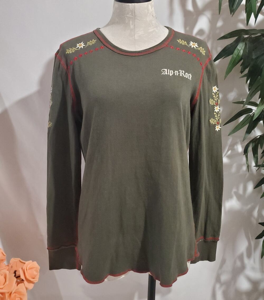 Vtg Alp n Rock Embroidered Long Sleeve Shirt S Olive Green Nordic Folk Art Ski